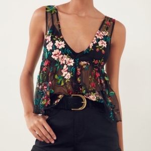 Ecote Veita Embroidered Floral Mesh Peplum Tank